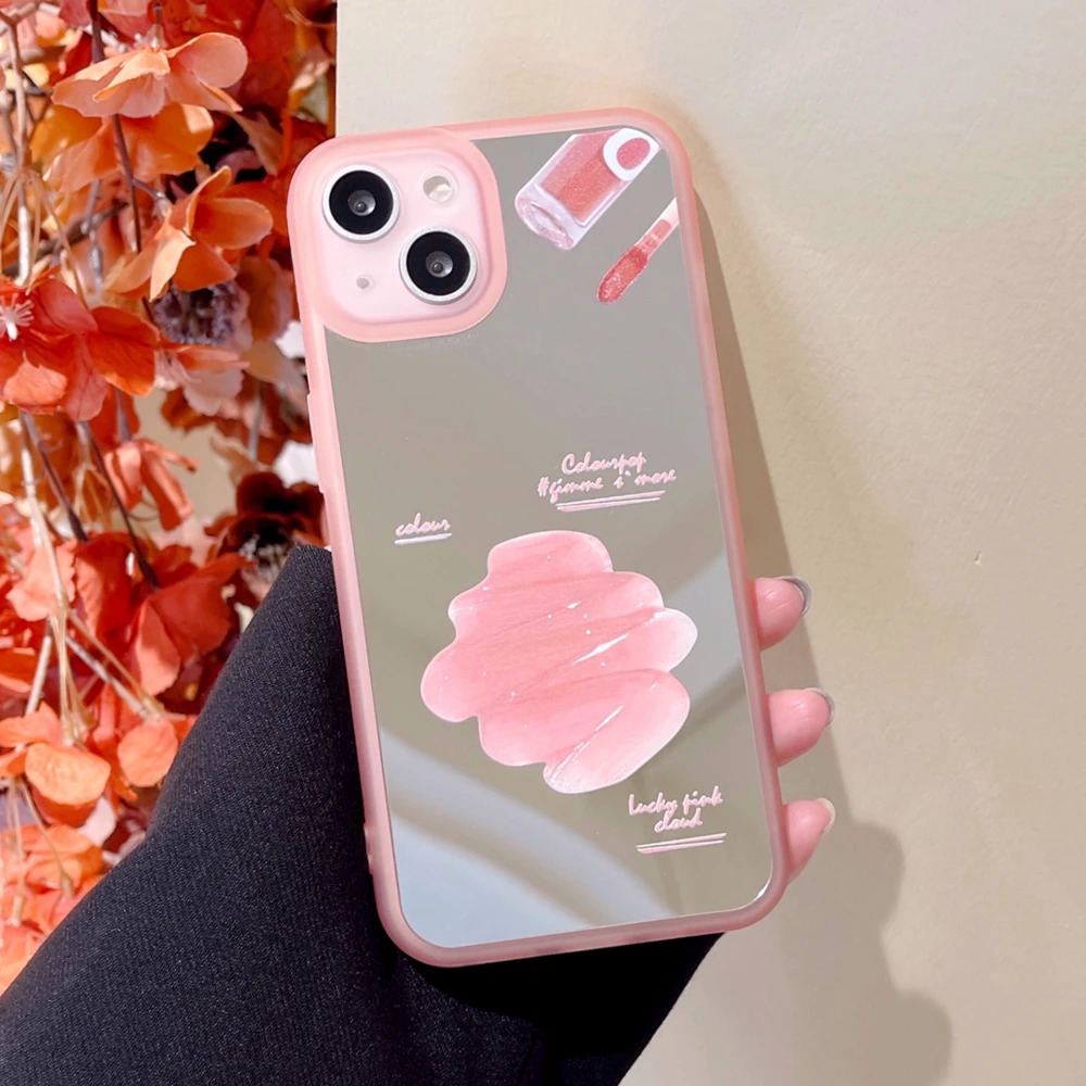 

Luxury Pink Lipstick Print Mirror Silicone Phone Case For iPhone 11 12 13 Pro X Xs Max XR 7 8 Plus Shockproof Protective Cover