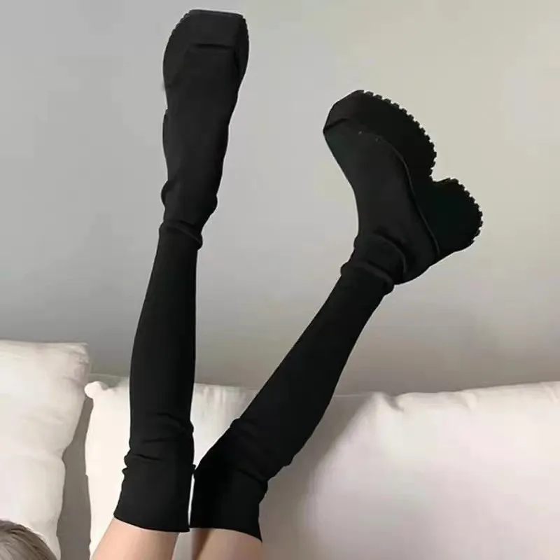 

Новинка Зима 2023, женские сапоги-чулки выше колена, модные эластичные вязаные длинные сапоги на толстом каблуке, женская обувь без застежки на платформе
