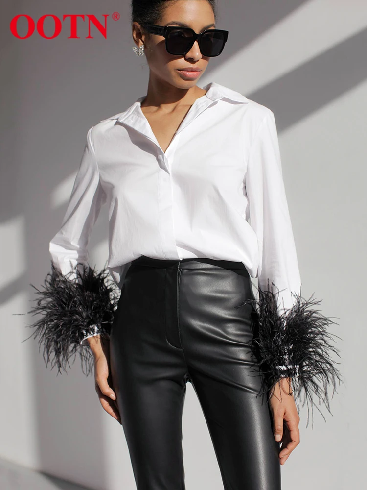 

OOTN Feathers Lapel Shirt Office Lady All-Match Thin Elegant Party Blouse Button Long Sleeve Fashion Summer Chic Female Top 2022