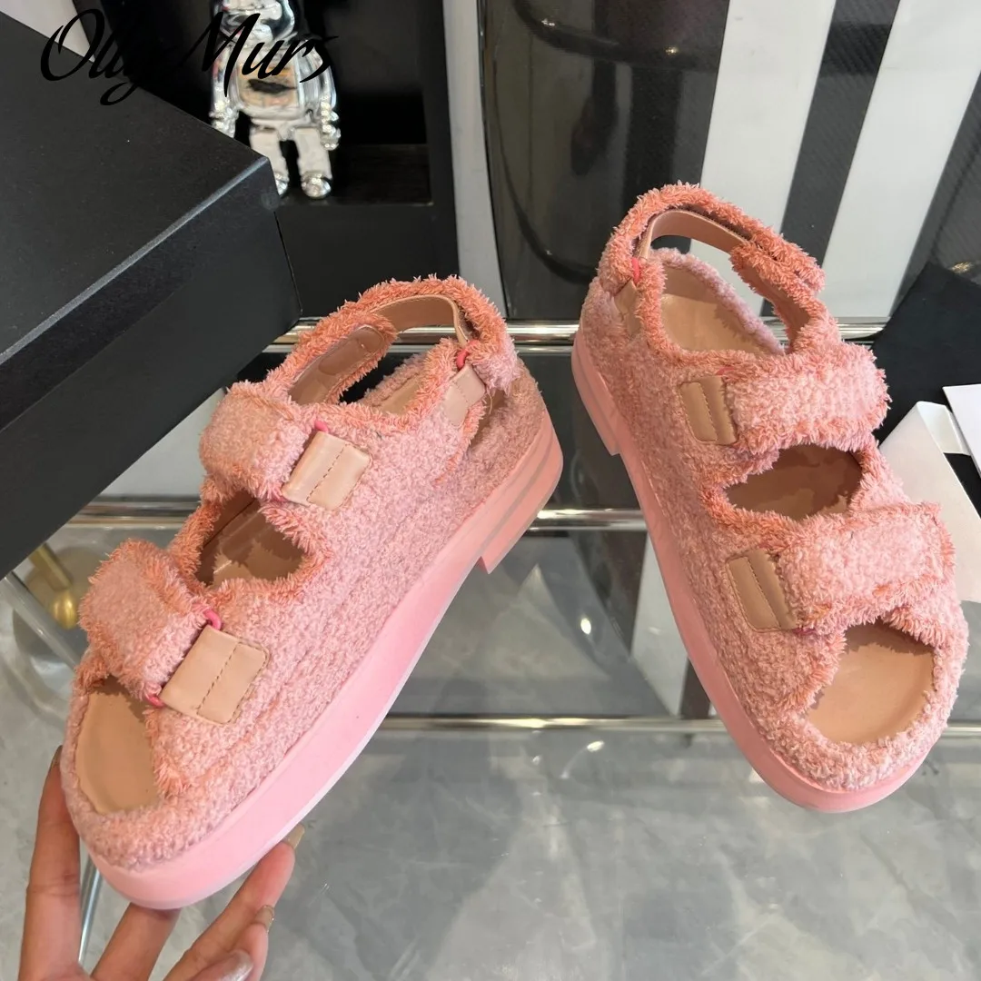 

Ollymurs New Pink Warm Wool Platform Gladiator Sandals Cute Shoes Women Sandalias Sewing Hook Designer Shoes Zapatillas