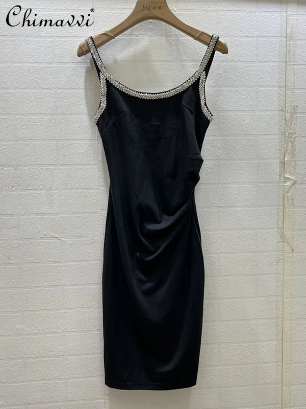 

Summer 2022 New Fashion Sexy Slimming Commuting Stretch Cotton Pleated Vest Mid-Length Dress High-End Temperament Black Dress