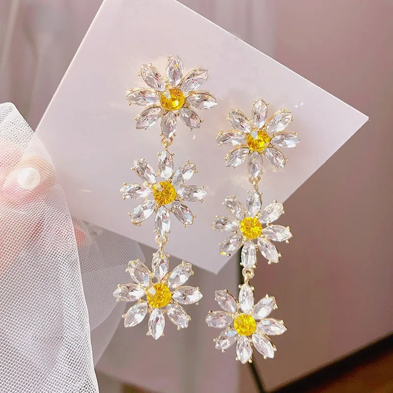 

Glossy Cute Crystal Daisy Flower 75x22mm Dangle Drop Stud Earrings For Women Jewelry Alloy Metal Sunflower Earring