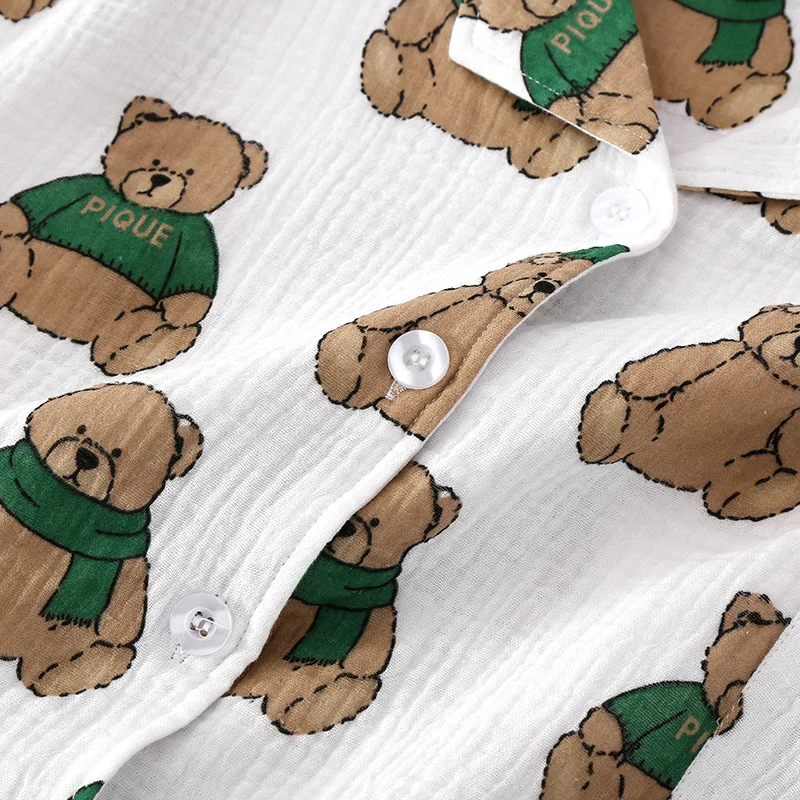 Couple Pajamas Short Sleeve Shorts Suit Green Bear Printing New Summer Cartoon Crepe Swallowtail Women Men Cute Home Clothes Set