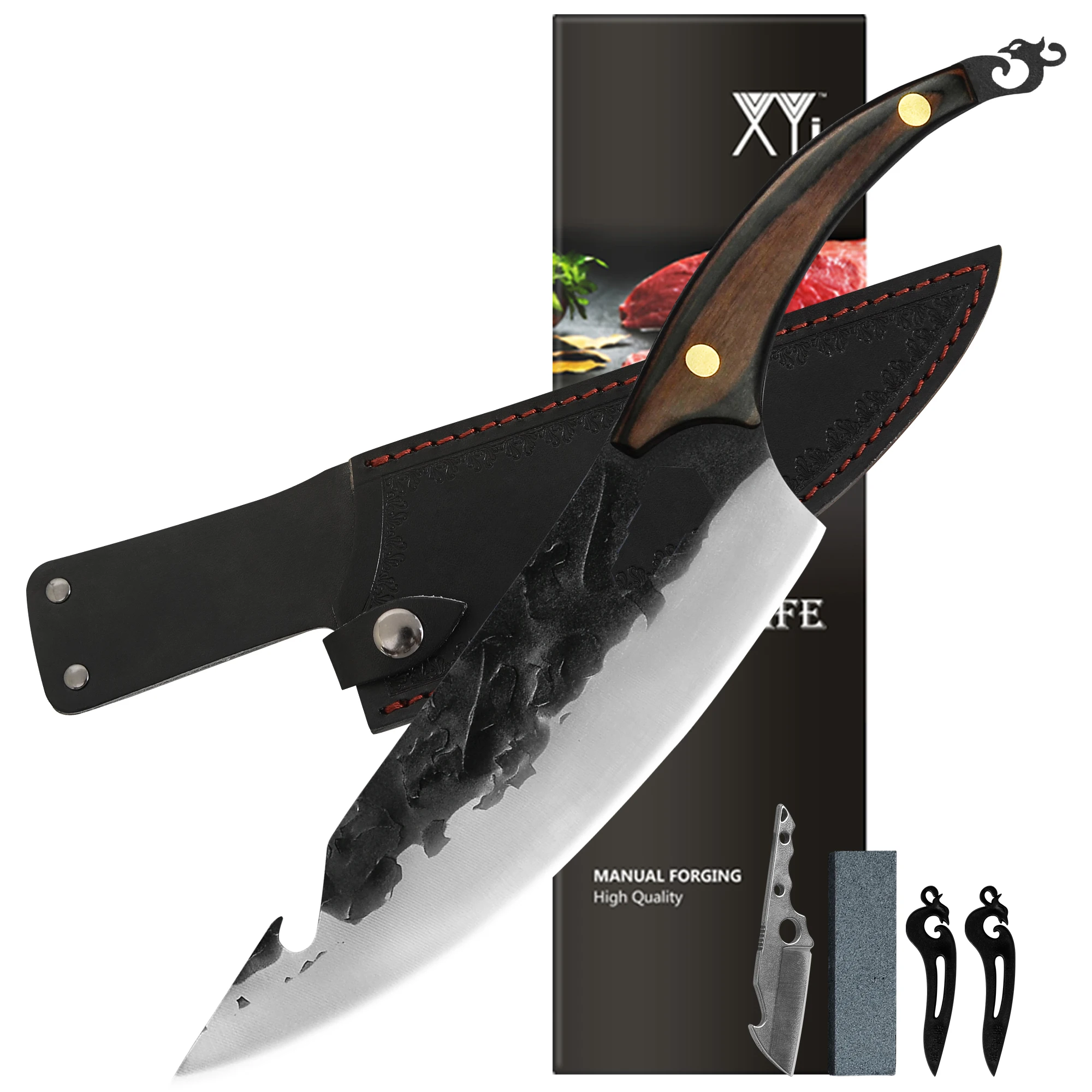 

Поварской нож XYj Full Tang 8 дюймов, ножи для мясника, ножи для овощей, рыбы с ножнами, мини ножом и точильным камнем