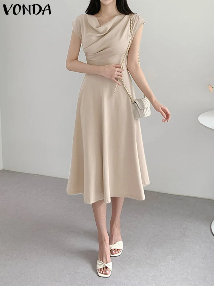 

Элегантное платье-миди VONDA 2023, летнее женское платье с коротким рукавом, плиссированное, повседневное, однотонное, блестящее, сексуальное, свободное женское платье с V-образным вырезом