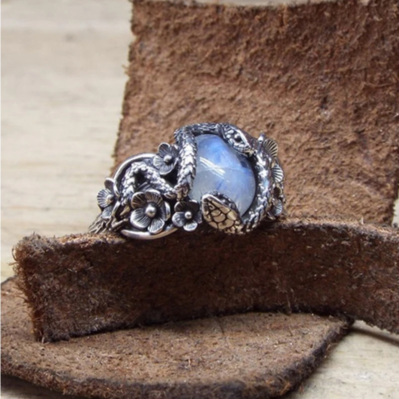 

Bohemian Vintage Women's Flower Wrapped Double Snake Ring Fashion Trend Punk Jewelry Luxury Moonlight Stone Ring Women