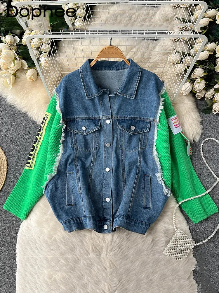 

Женская джинсовая куртка в стиле пэчворк, свободная однобортная трикотажная куртка контрастных цветов с длинным рукавом, осень 2022