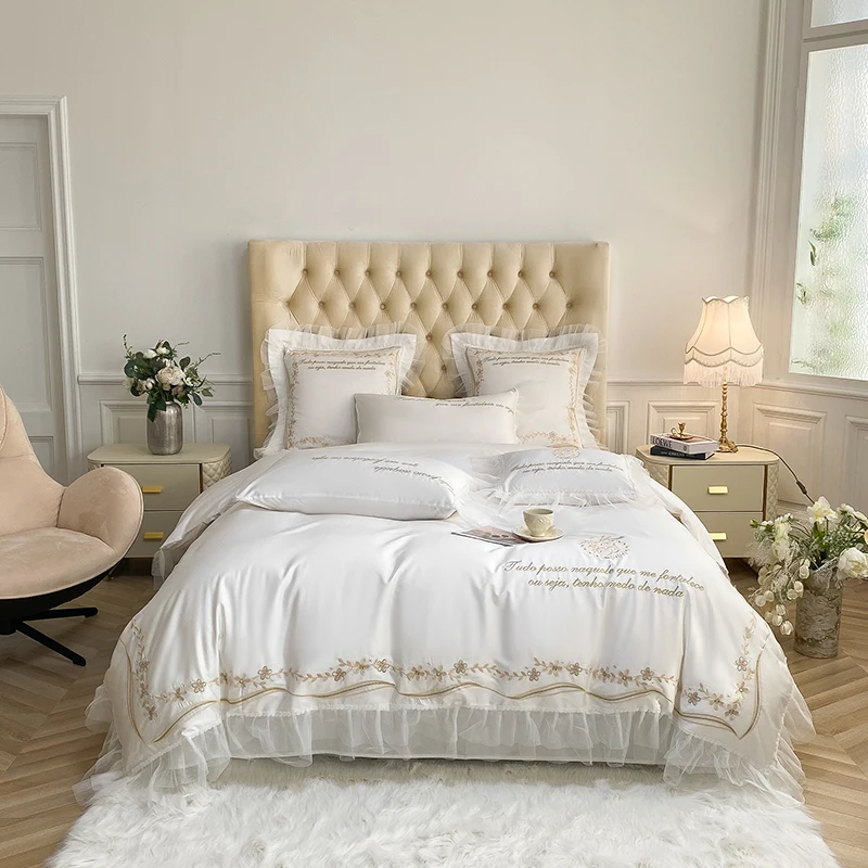 

1000TC Egyptian Cotton Flowers Embroidery Princess Bedding Set Lace Quilt/Duvet Cover Bed Comforter Set Bed Linen Pillowcases