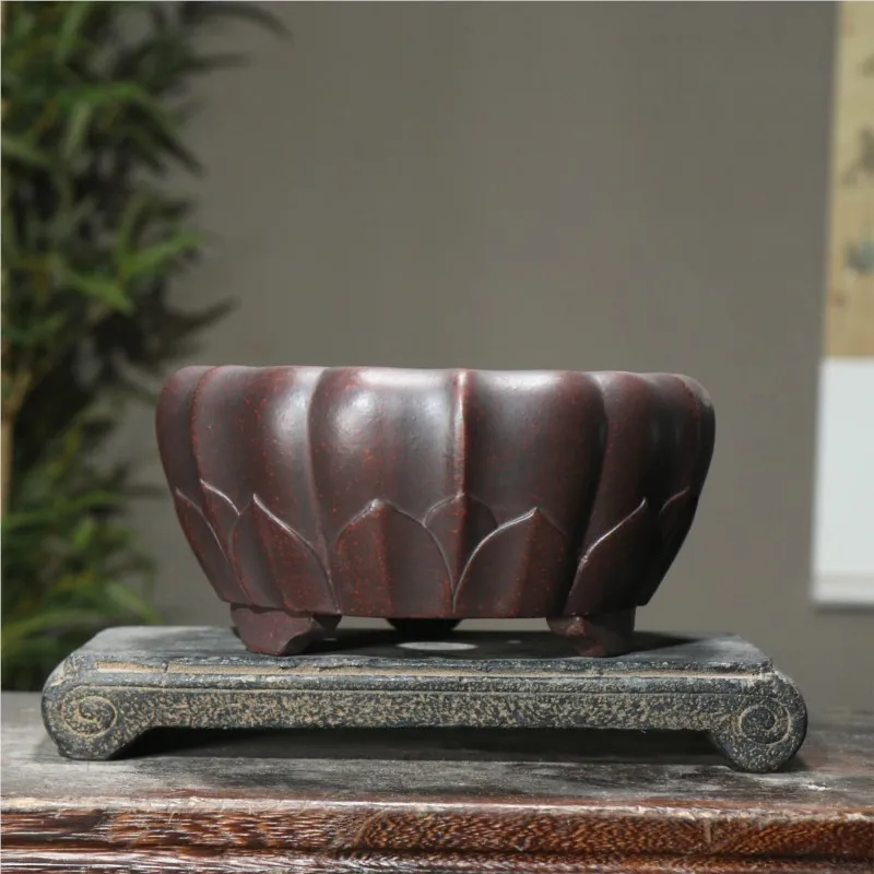 Chinese Purple Sand Flower Pots Lotus Shaped Zen Flowerpot Home Office Desktop Handmade Bonsai Potted Orchid LE485