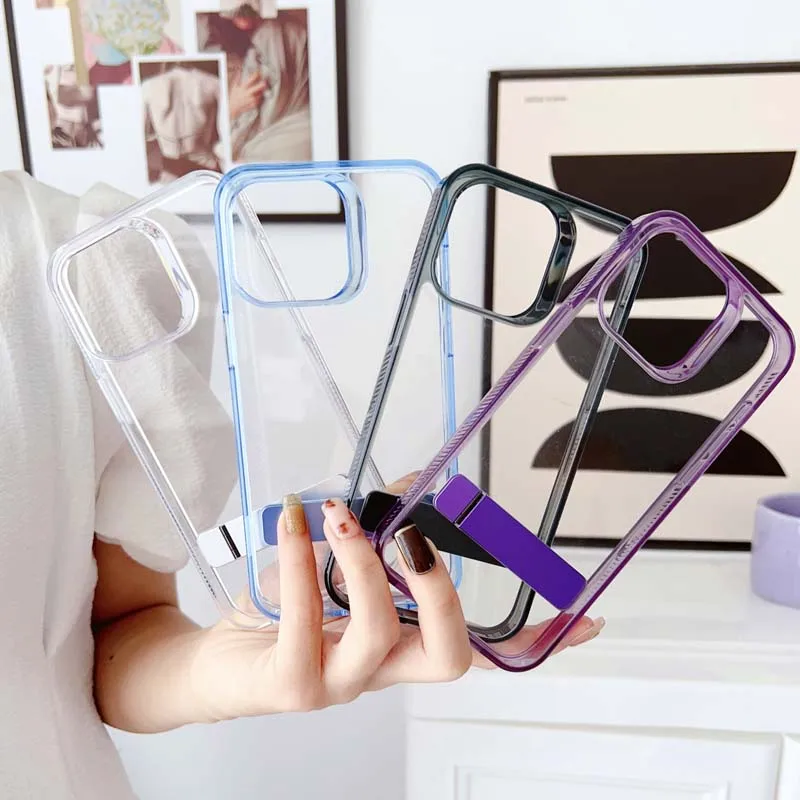 

Solid Color Transparent Stand Phone Case For iPhone 15 14 13 12 11 Pro Max Type G One-word Bracket Protective Back Cover