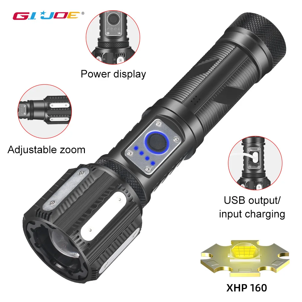 GIJOE Super Bright XHP160 LED Flashlight High Power Zoomable Rechargeable Flashlights USE 18650 or 26650 Battery Camping Lantern