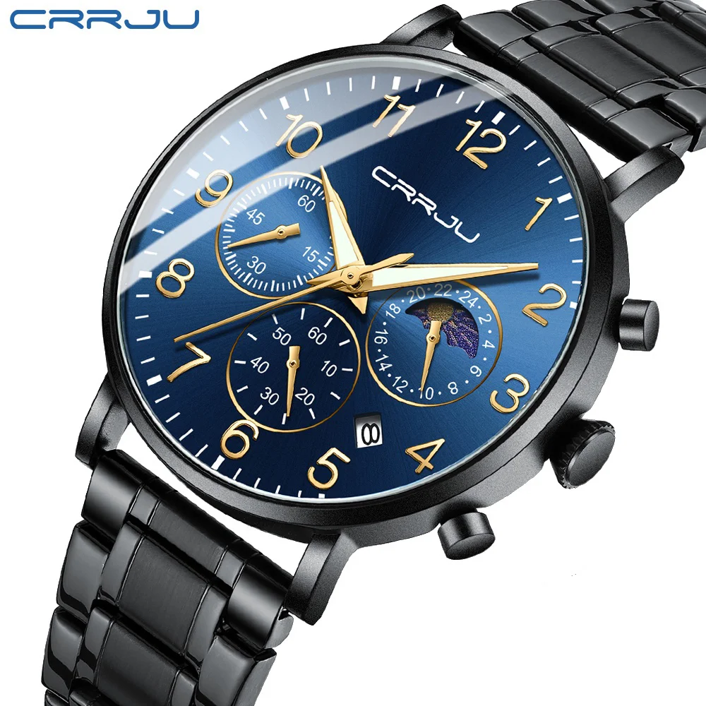 

CRRJU Men's Watches Fashion Business Casual Chronograph Luminous Dial with Date Waterproof Clock Relogio Masculino