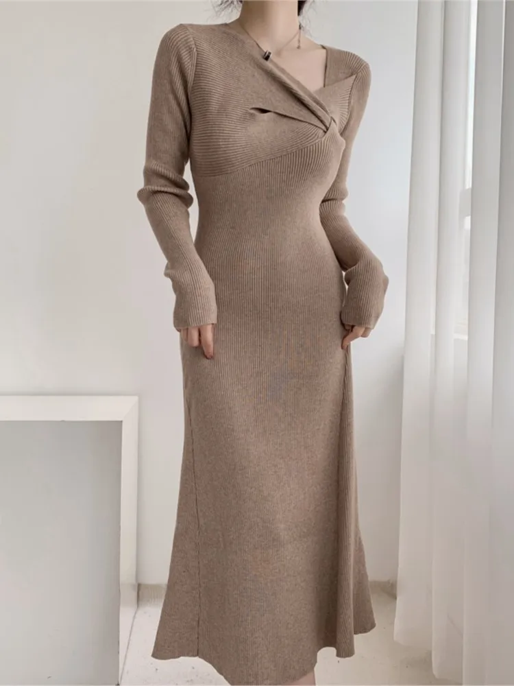 

Autumn New Knitted Women Mermaid Dress 2023 Korean Long Sleeve Elegant Solid Lady Clothes Spring Slim Waist Casual Prom Maxi