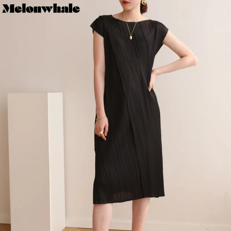 

MelonWhale Miyake Pleated Straight Long Dress Asymmetrical Elegant Solid Short Sleeve Elegant Evening Wedding 2023 Spring Summer