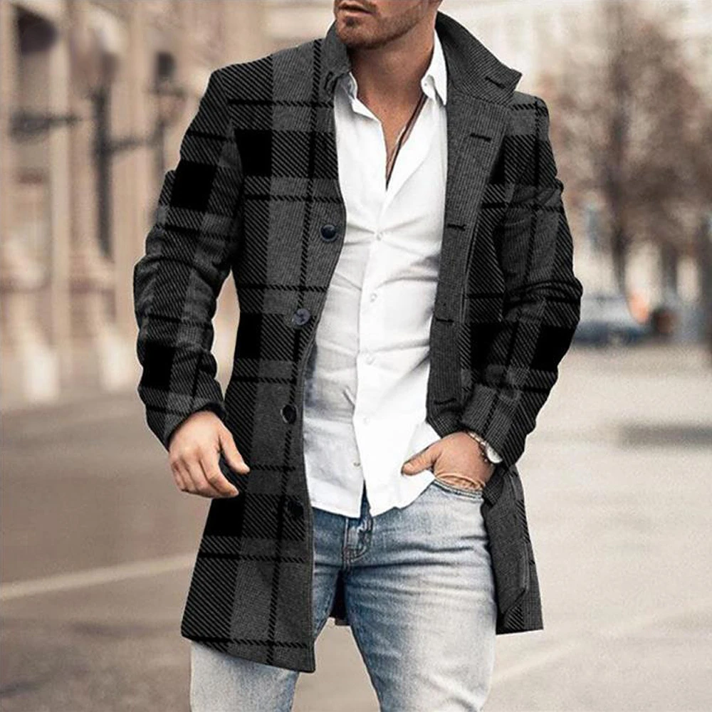

Мужское длинное пальто, однобортное шерстяное пальто, осенняя куртка в стиле ретро с воротником с лацканами, длинные топы, верхняя одежда, зимнее шерстяное пальто