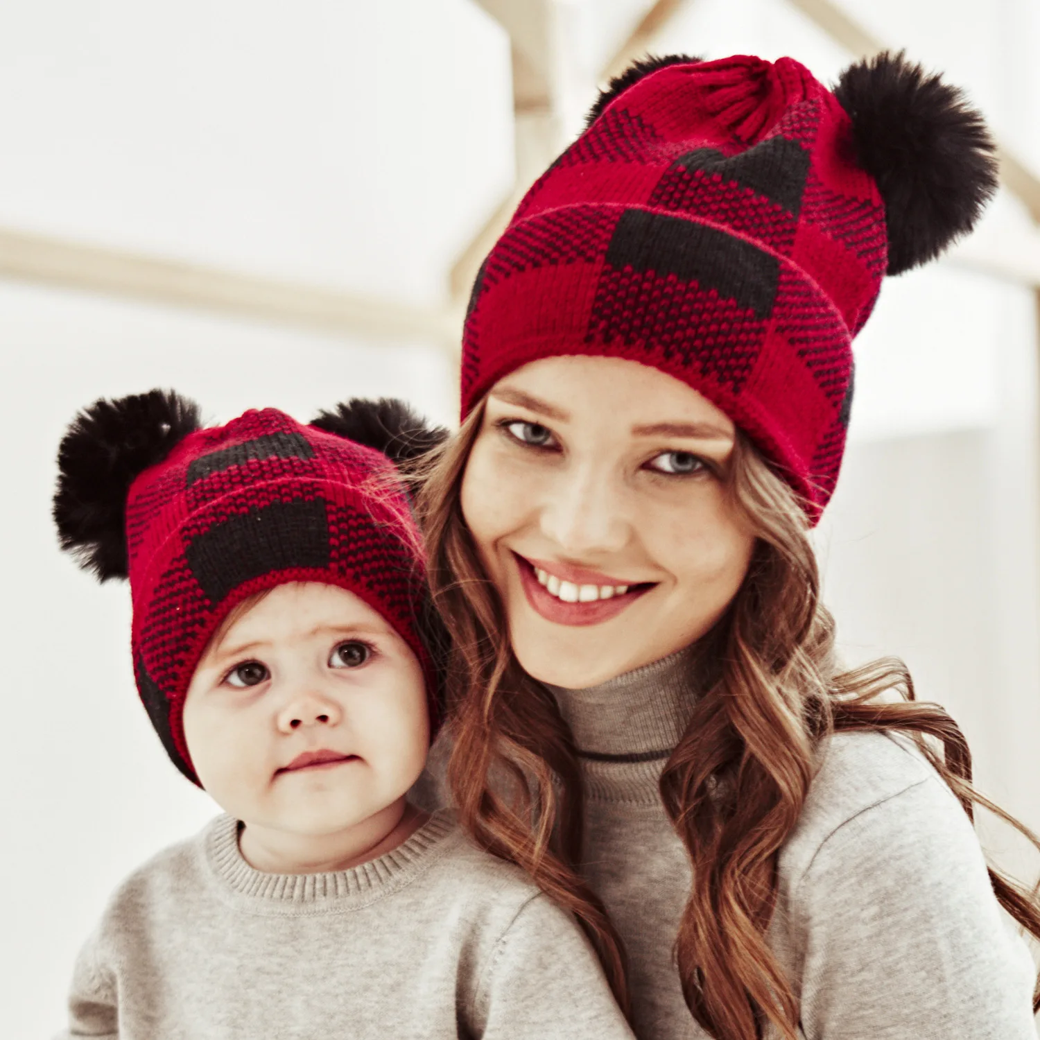 

2022 New Autumn Winter Wool Parent-Child Knitted Hat Plaid Pom Pom Ball Beanie Caps Mother Baby Christmas Warm Hats Bonnet