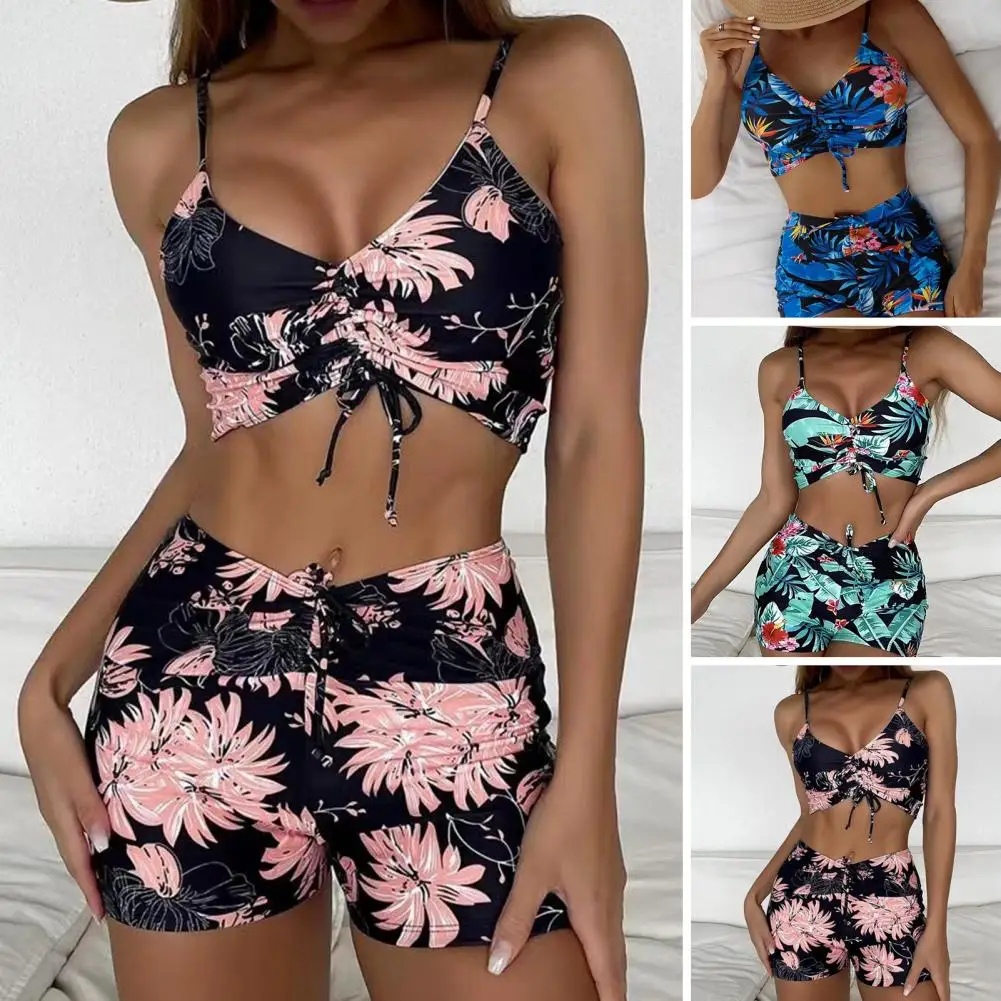 

2 Pcs/Set Women Bikini Set Flower Print V Neck High Waist Drawstring Elastic Swimming Conservative Pleated Breathable Lady Swims