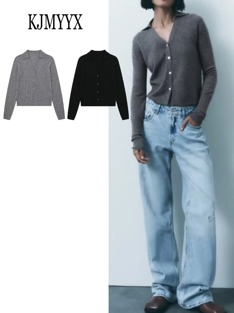 

KJMYYX вязаный женский модный однотонный свитер 2023 осень длинный рукав отложной воротник простой винтажный Повседневный однобортный Топ