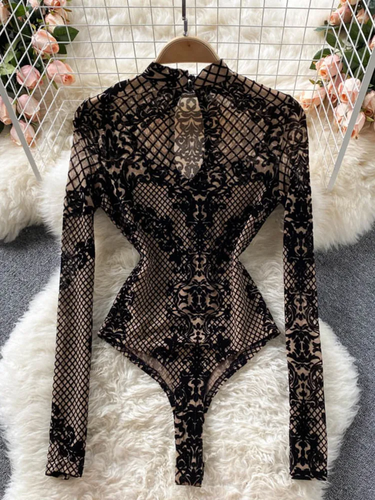 Женское боди с цветочным принтом элегантное облегающее Сетчатое