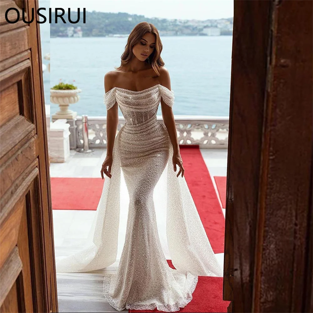 Роскошное блестящее свадебное платье OUSIRUI с открытыми плечами и блестками
