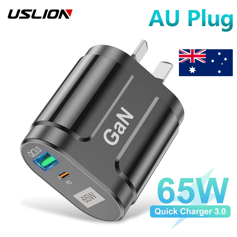 

USLION 65W GAN USB PD Fast Phone Charger Australiane Plug 3.0 Quick Charger For iPhone Laptop USB Type C Charger Adapter