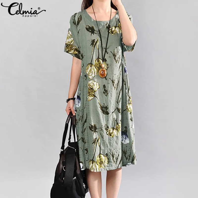 

2023 Summer Dress Women Bohemian Floral Print Linen Sundress Bohemian Short Sleeve Casual Loose Retro Midi Vestidos Robe