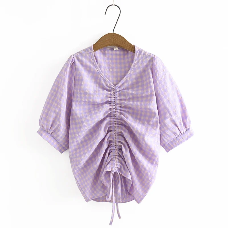 

V-neck Plaid Tops Women Short Sleeve Summer Blouse Plaid Elegant OL Blusas