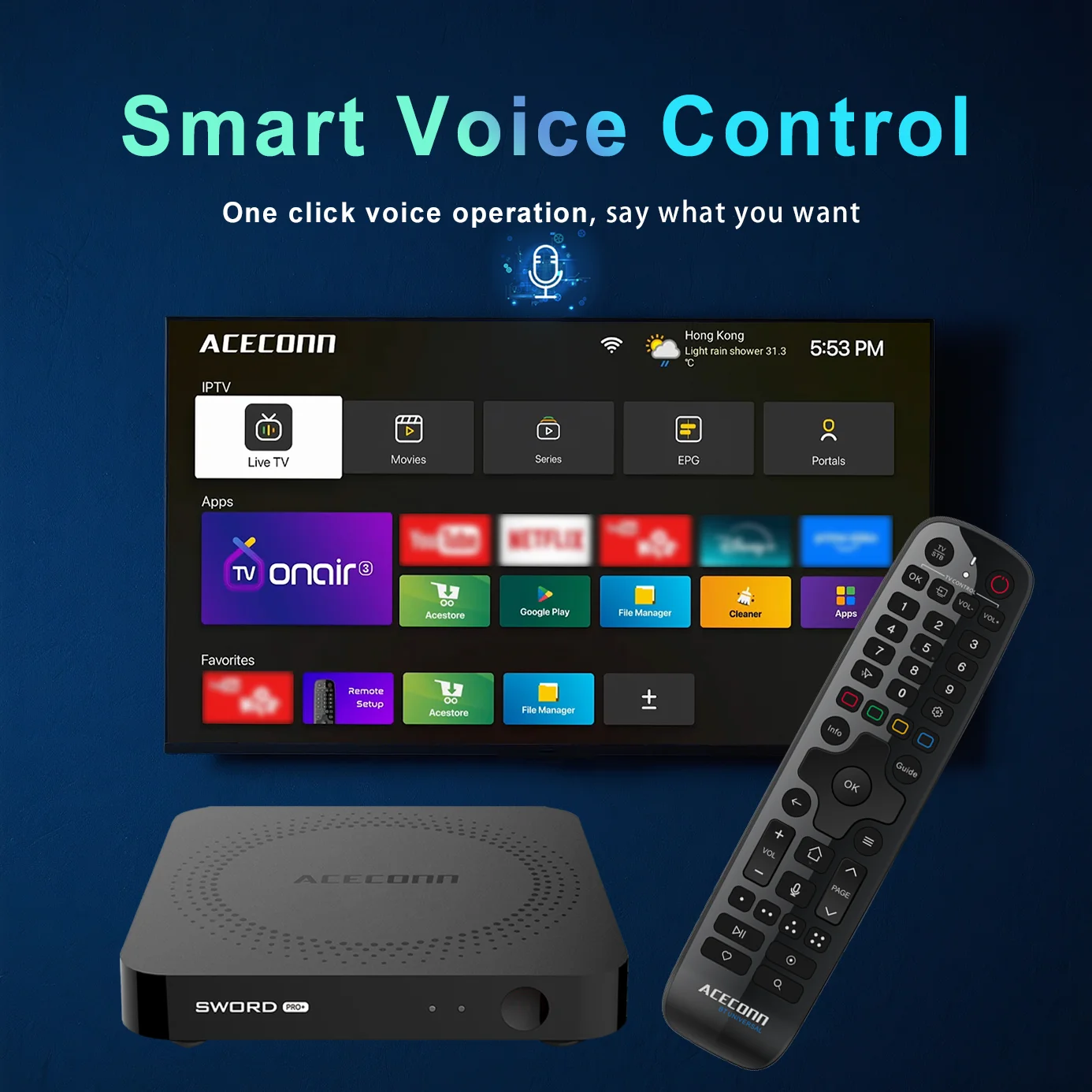 Фото ACECONN Sword Pro+ Потоковая передача Android iptv коробки 4K TVONAIR3 2 ГБ 16 ГБ Двойной Wi-Fi BT Поддержка голосового удаленного подсветки Find RCU TV Box №4