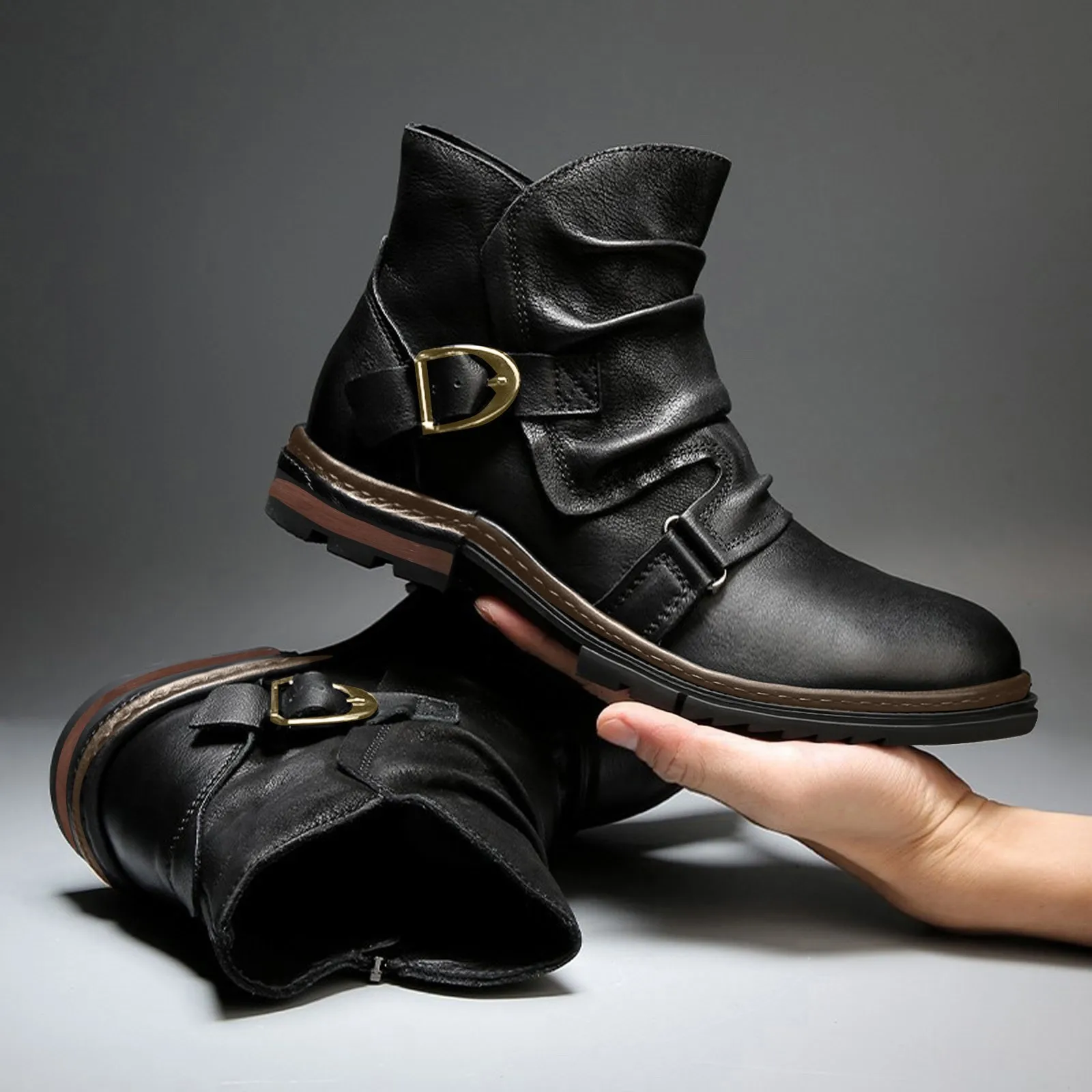 

Мужские кожаные ботинки челси с пряжкой, мужские черные ковбойские ботинки в западном стиле, винтажные коричневые мотоциклетные кожаные ботинки на молнии