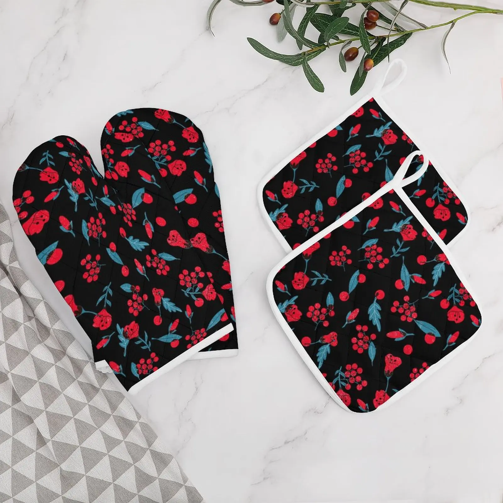 

Flower Pattern Funny Oven Mitts and Pot Holders Sets of 4 Heat Resistant Non Slip Kitchen Gloves for Cooking BBQ