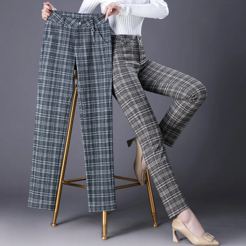 Spring and Autumn Pants Women's High Waist Plaid Woolen Pants Loose Straight Elastic Casual Trousers with Pockets Work Pants