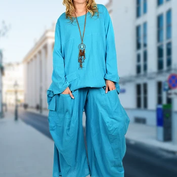 Long Sleeve Top Pant Crew Neck Cotton Linen Ladies Summer Blue 2 Piece Set with Pockets Oversized Bohemian Style Vacation Outfit 1