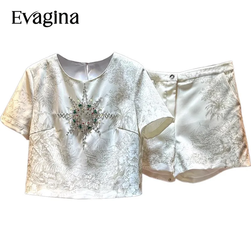 

Женский комплект из двух предметов Evagina, элегантный винтажный топ с коротким рукавом и шорты с принтом, украшенный бусинами и блестками, весна-лето