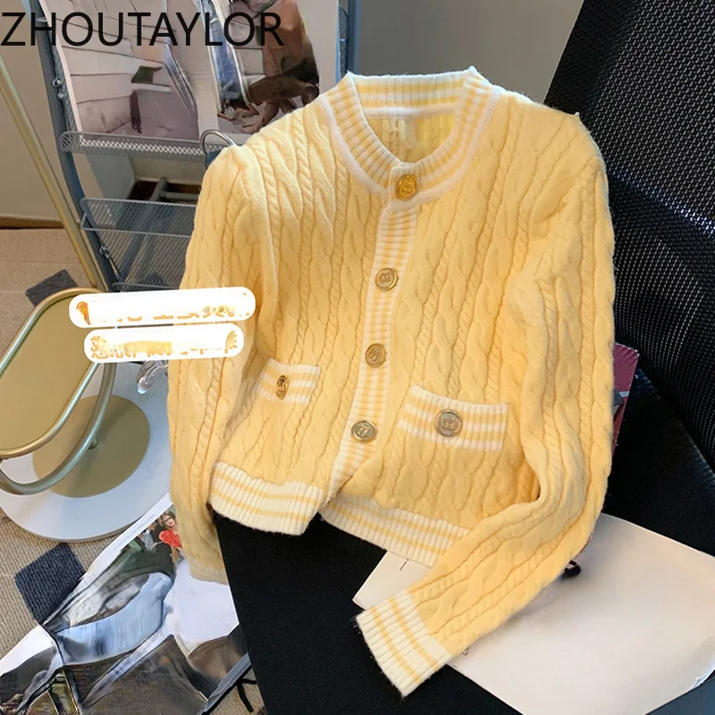 

Кардиган ZHOUTAYLOR Женский, милый офисный однобортный Топ во французском стиле, женские прямые свитера с длинным рукавом и круглым вырезом для ...