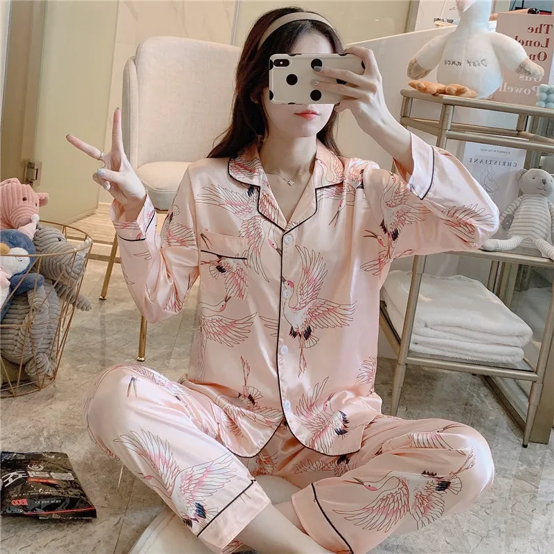 Stain Silk Pajamas Two Piece Set for Women Print Loungewear Lapel Long Sleeve Single-breasted Cardigan Trousers Women Nightwear