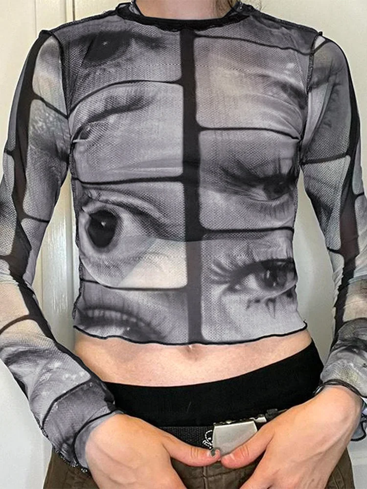 Купи Y2K Fashion Eyes Print Crop Tops 90s O-neck Slim Tee Casual Long Sleeve Streetwear Women Aesthetic Mesh Clothing Goth Blouse за 758 рублей в магазине AliExpress