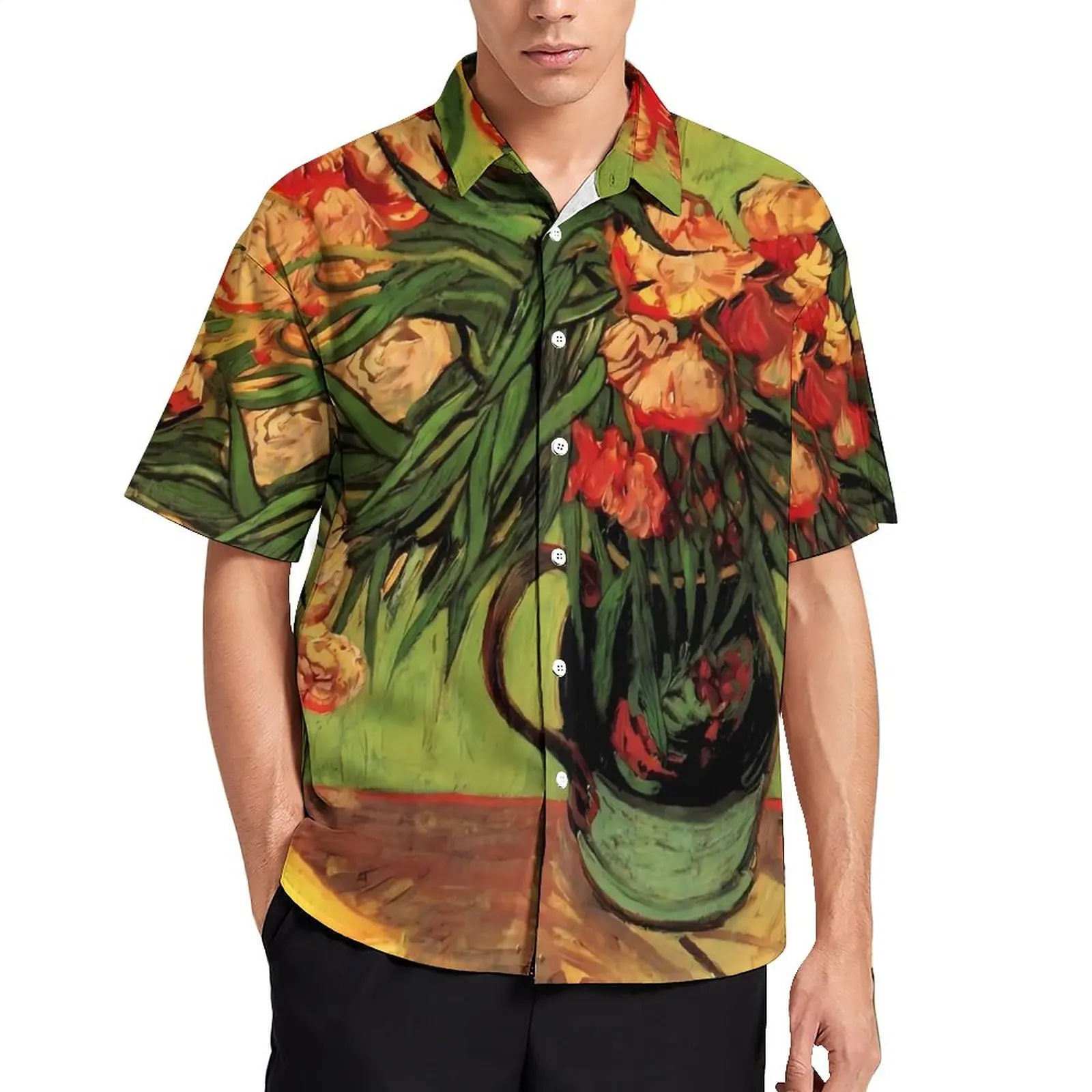 

Van Gogh Loose Shirt Men Beach Oleanders and Books Casual Shirts Hawaii Graphic Short-Sleeve Funny Oversized Blouses