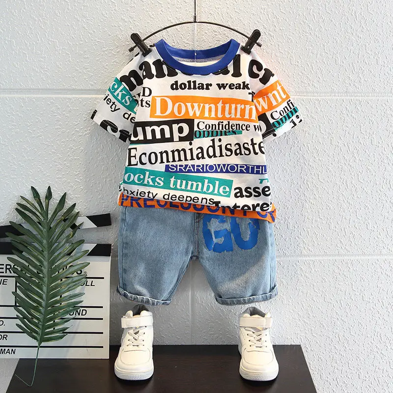 Children's Summer Suit 2022 New Arrival  Western Style Fried Street Short Sleeve T-shirt Boy Korean Style Denim Two-Piece Suit