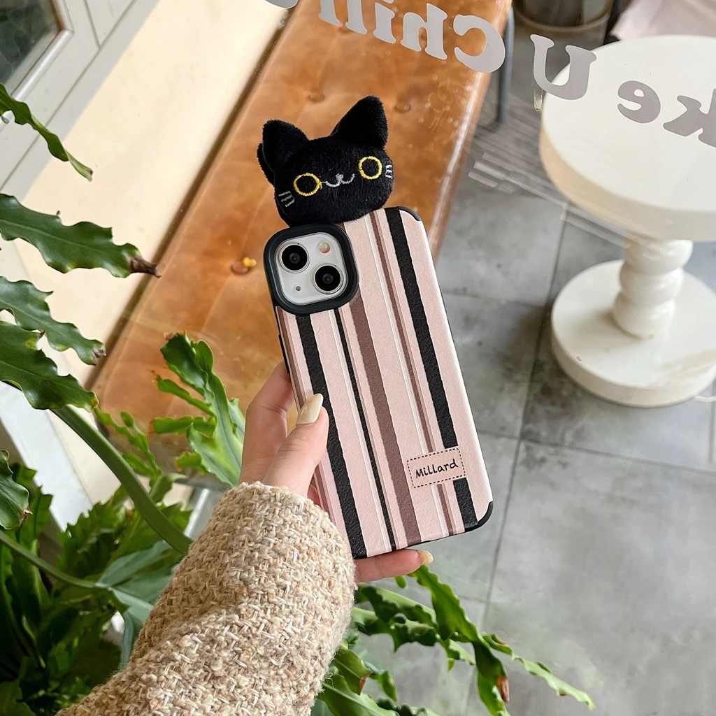 

Black Cat Colorful Stripes Phone Cover Case For iPhone 15 14 13 12 11 Pro Max