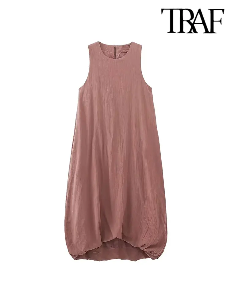 

TRAF 2023 Summer Woman Long Dress Fashion Sleeveless Vintage O-Neck Elegant Causal Elegant Loose Dresses
