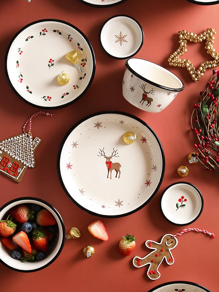 

Christmas dinner plate Ceramic tableware salad bowl Housewares kitchen dishes and plates sets dinnerware Utensils for kitchen