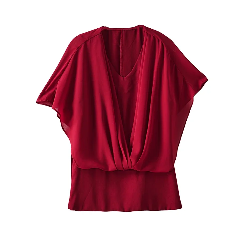 Модная летняя женская блузка с коротким рукавом белая шифоновая v-образным