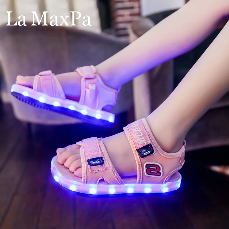 Детские сандалии со светодиодной подсветкой Нескользящие зарядка через USB обувь