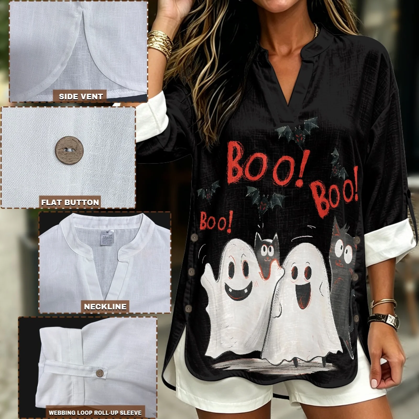 PENSTROLL Ghost Cat Льняные блузки свободного кроя с длинными рукавами-отворотами для женщин, размеры S-5XL (art.: 3920dd026afaf) - 3920dd026afaf