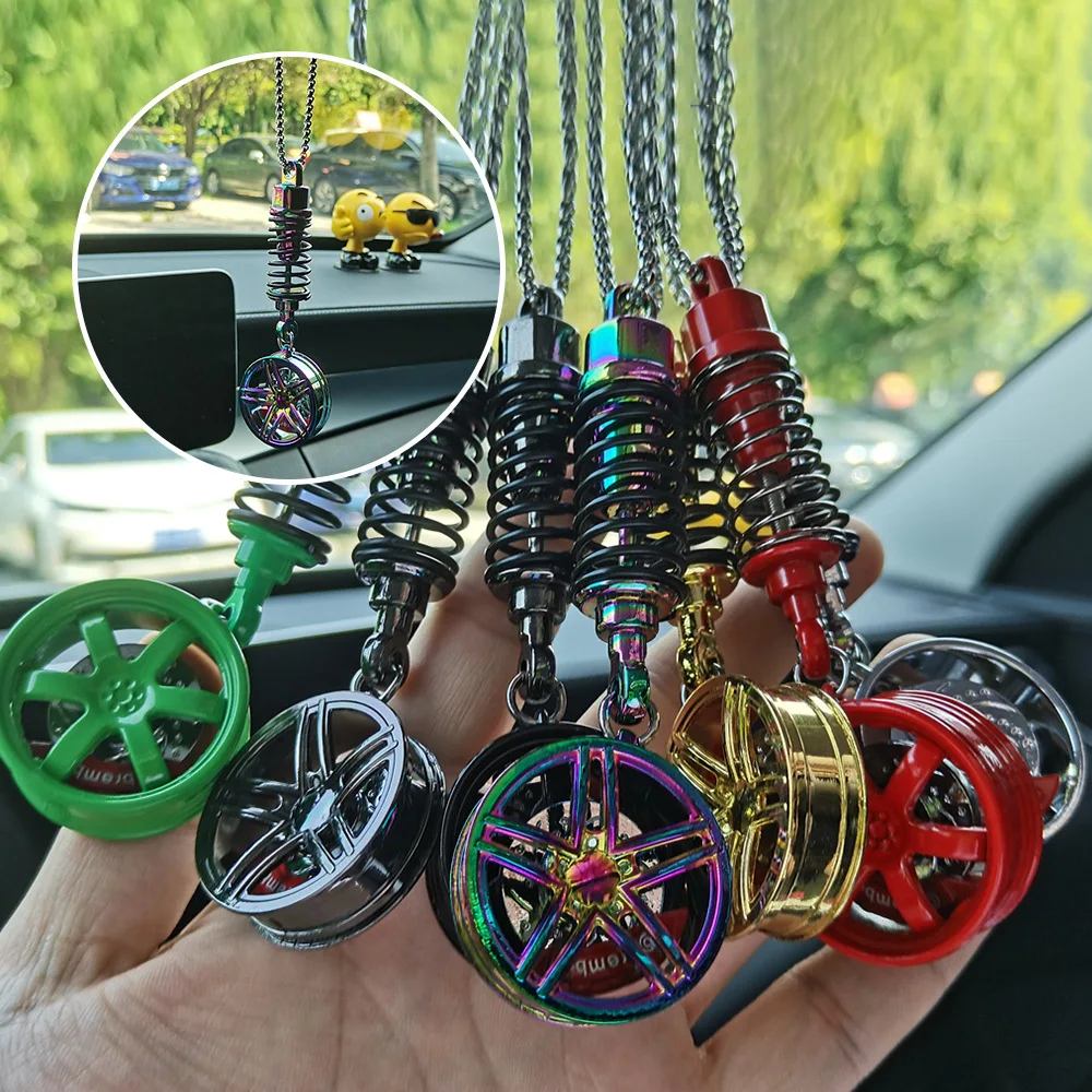 

Car Rearview Mirror Hanging Necklace JDM Racing Modification Zinc Alloy Wheel Hub Shock Absorber Pendant Auto Mirror Decoration