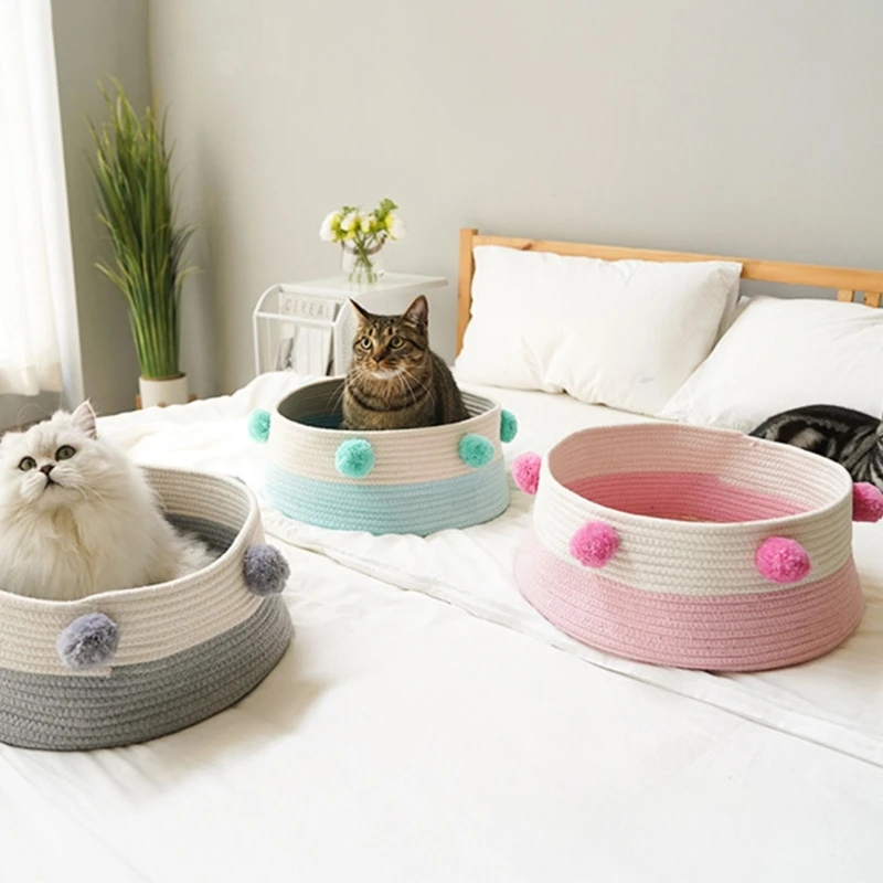 

Bed Basket Small Round Nest with Pompoms Decor Cotton Woven Washable Handmade Pet Sleeping House for Indoor Cats
