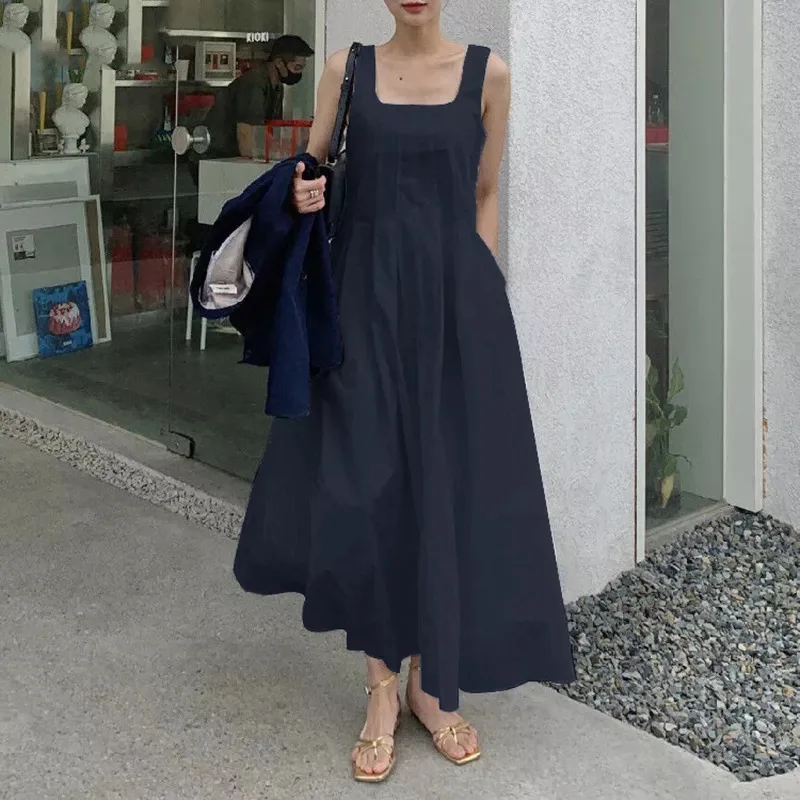 

Elegant Women Sleeveless Pleated Casual Square Neck Party Holiday Sundress Robe 2023 New Summer Long Dress Femme Vestidos