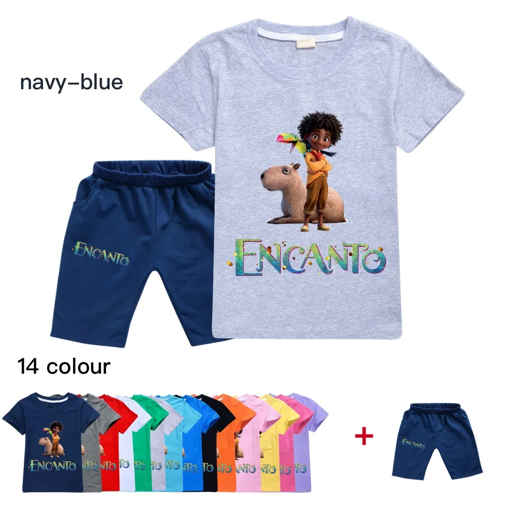 

2022 New Disney Summer Cartoon Print Cotton Girls Encanto Toddler T-Shirt + Shorts 2 Piece Cute Clothes Boy Set 2-16Y