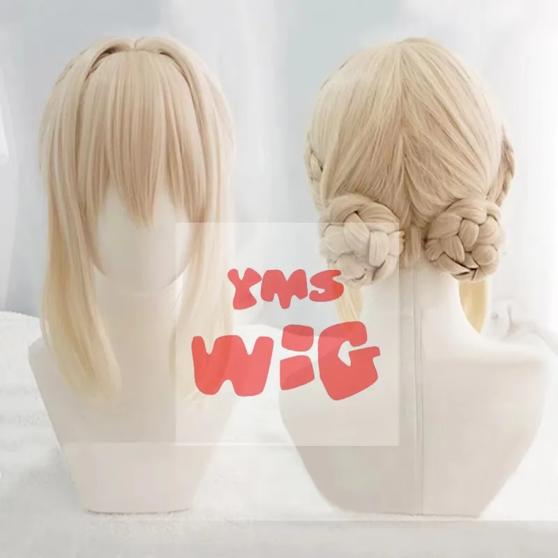 YMS WIG Violet Evergarden Короткие светло-русые косы с двумя пучками Термостойкие волосы