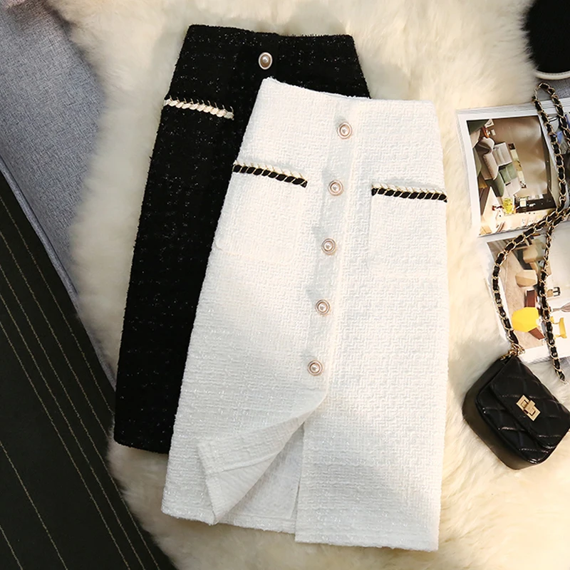 

Женская твидовая юбка с запахом, маленькая юбка трапециевидной формы из яркого шелка, с высокой талией, в винтажном стиле, для офиса, для осени и зимы